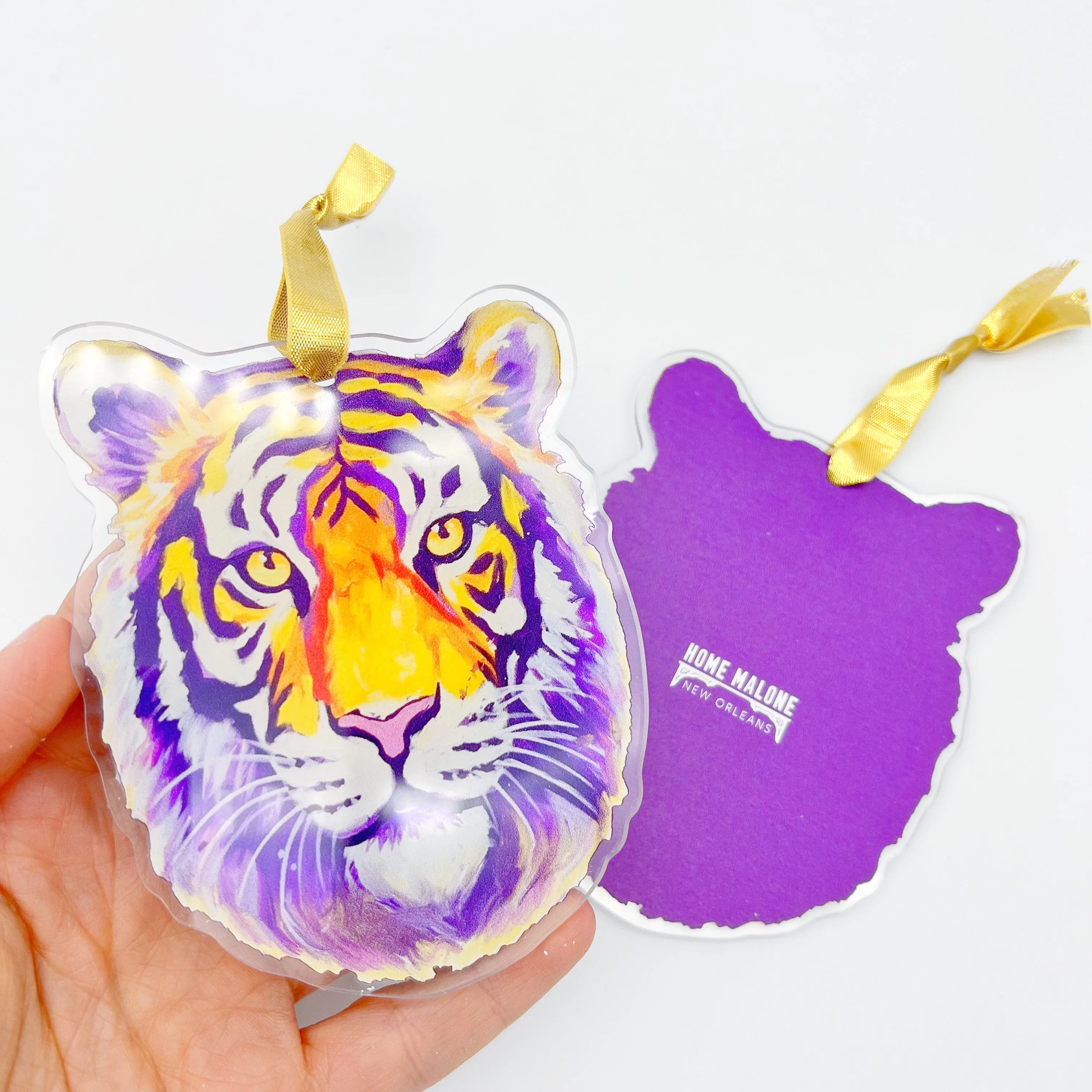 Acrylic Purple & Gold Tiger Head Ornament