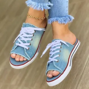 Amozae-Back to school   Ladies Peep Toe Flat Slipper 2024 Women Canvas Woman Lace Up New Women's Casual Female Fashion Denim Beach Shoes Plus Size 35-43