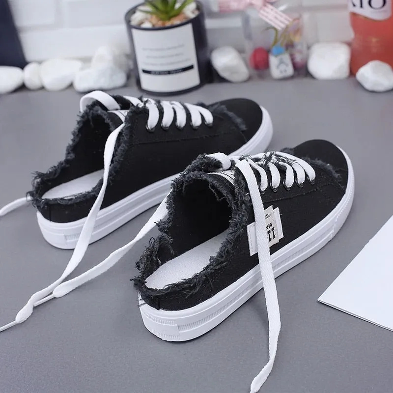 Amozae- BRKWLYZ Hot New 2024 Spring Summer Women Canvas Shoes Flat Sneakers Women Casual Shoes Low Upper Lace Up White Shoes 35-41