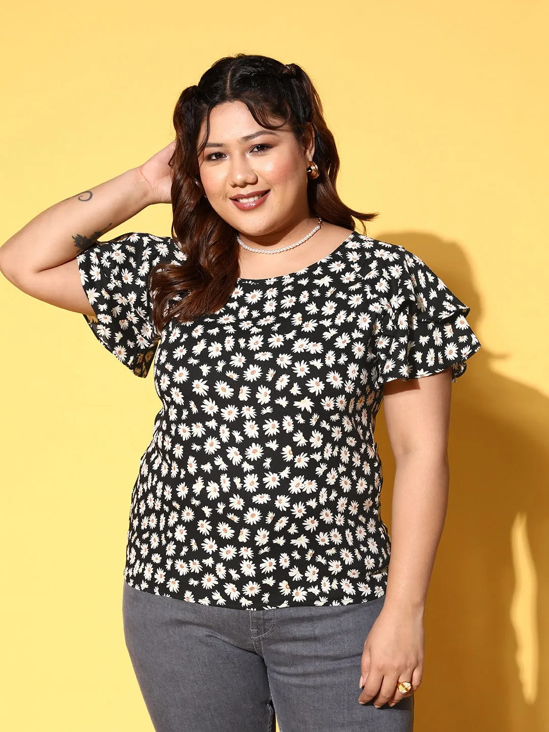 Berrylush Women Plus Size Black & White Floral Printed V-Neck Flutter Sleeve Crepe Regular Top