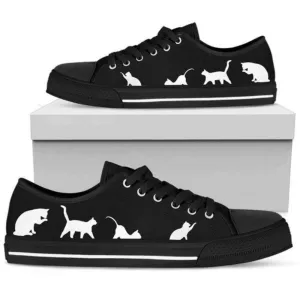 Black White Cats Laces Fashion Womens Canvas Low Top Shoes, Cat Canvas Shoes