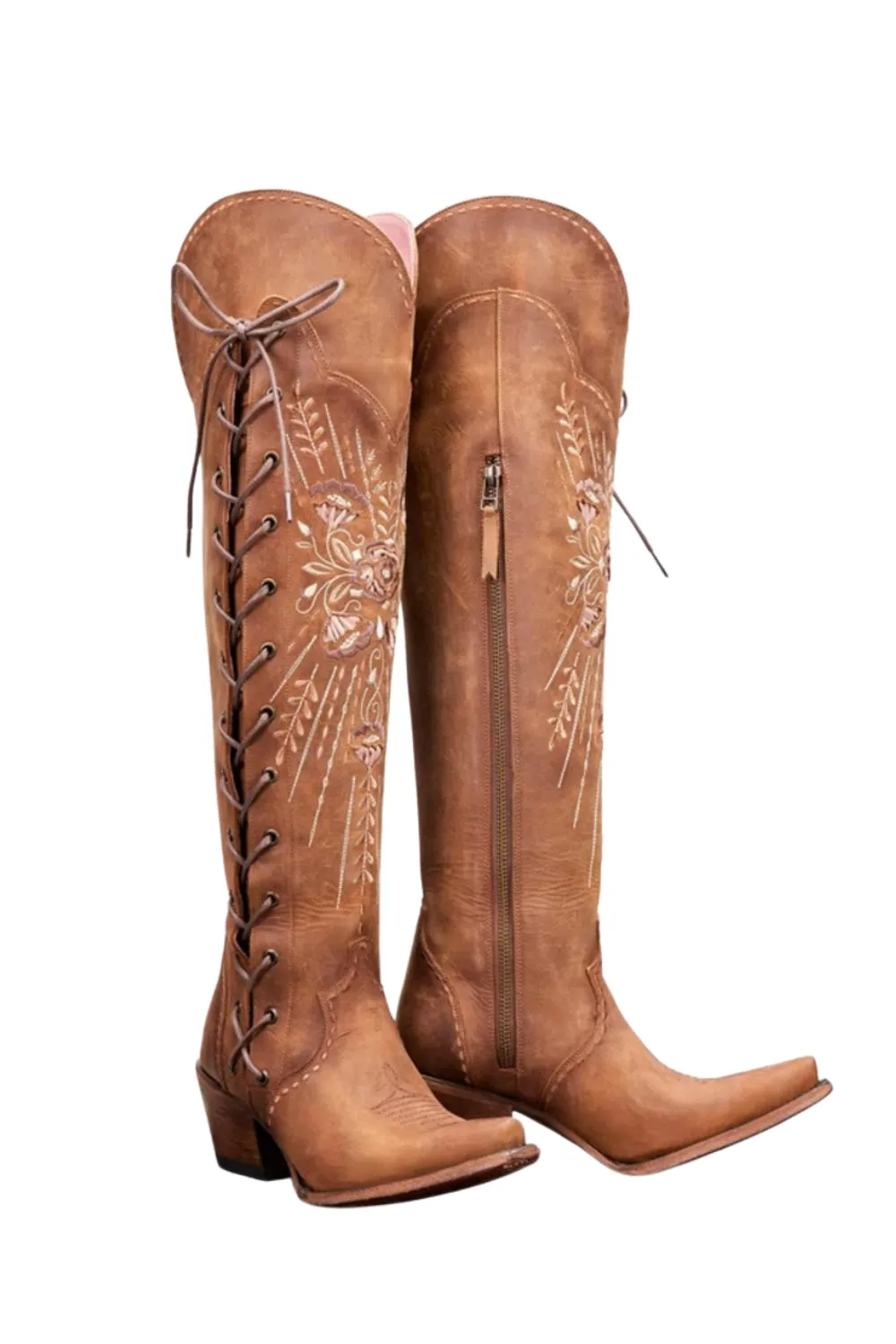 Brown Embroidered Lace Up Mid Calf Cowgirl Boots