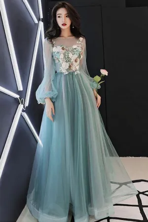 Charming Long Sleeves Tulle Prom Dress with Flowers, A Line Floor Length Party Dress UQ1758