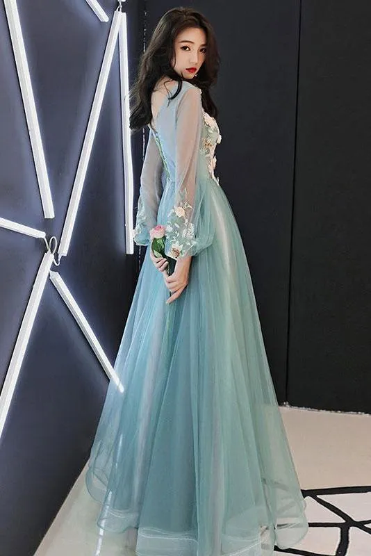 Charming Long Sleeves Tulle Prom Dress with Flowers, A Line Floor Length Party Dress UQ1758