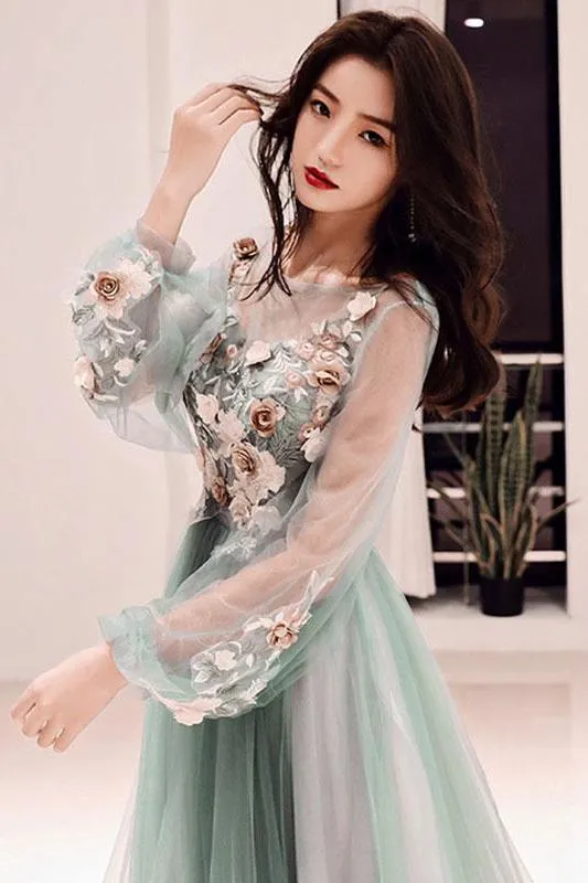 Charming Long Sleeves Tulle Prom Dress with Flowers, A Line Floor Length Party Dress UQ1758