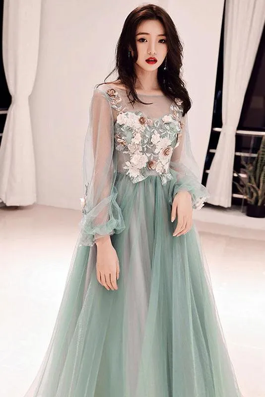 Charming Long Sleeves Tulle Prom Dress with Flowers, A Line Floor Length Party Dress UQ1758