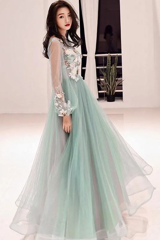 Charming Long Sleeves Tulle Prom Dress with Flowers, A Line Floor Length Party Dress UQ1758