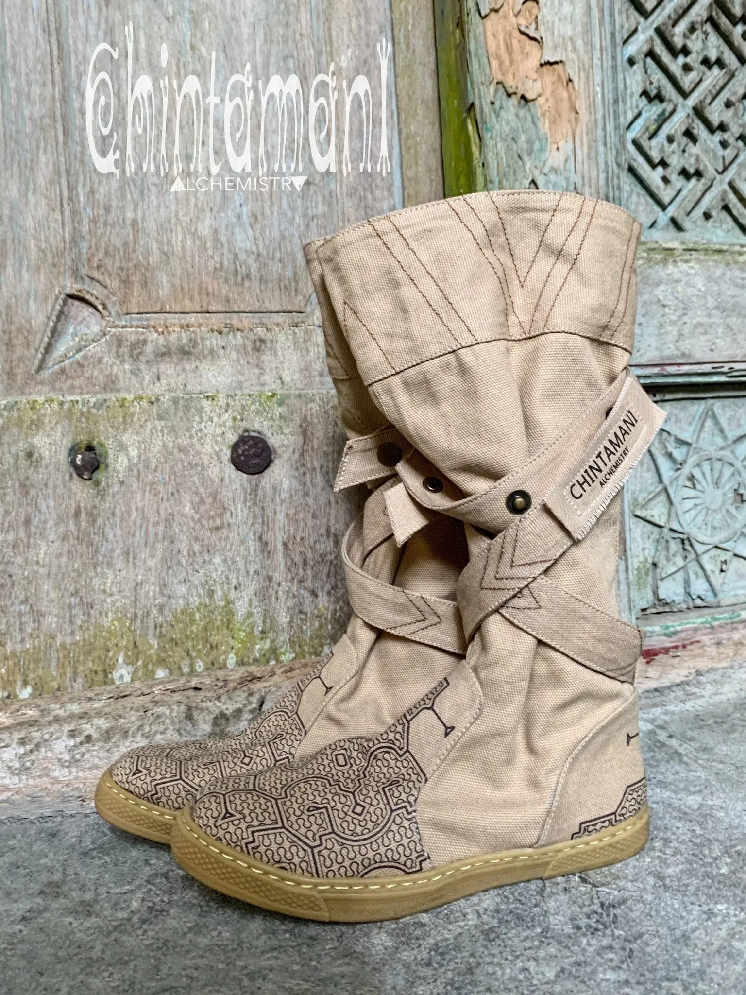 Cotton Canvas Vegan High Boots for Women / Riding Shoes / Beige