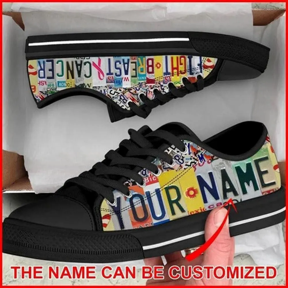 Custom Breast Cancer Shoes, Fight Breast Cancer License Plates Canvas Low Top Shoes