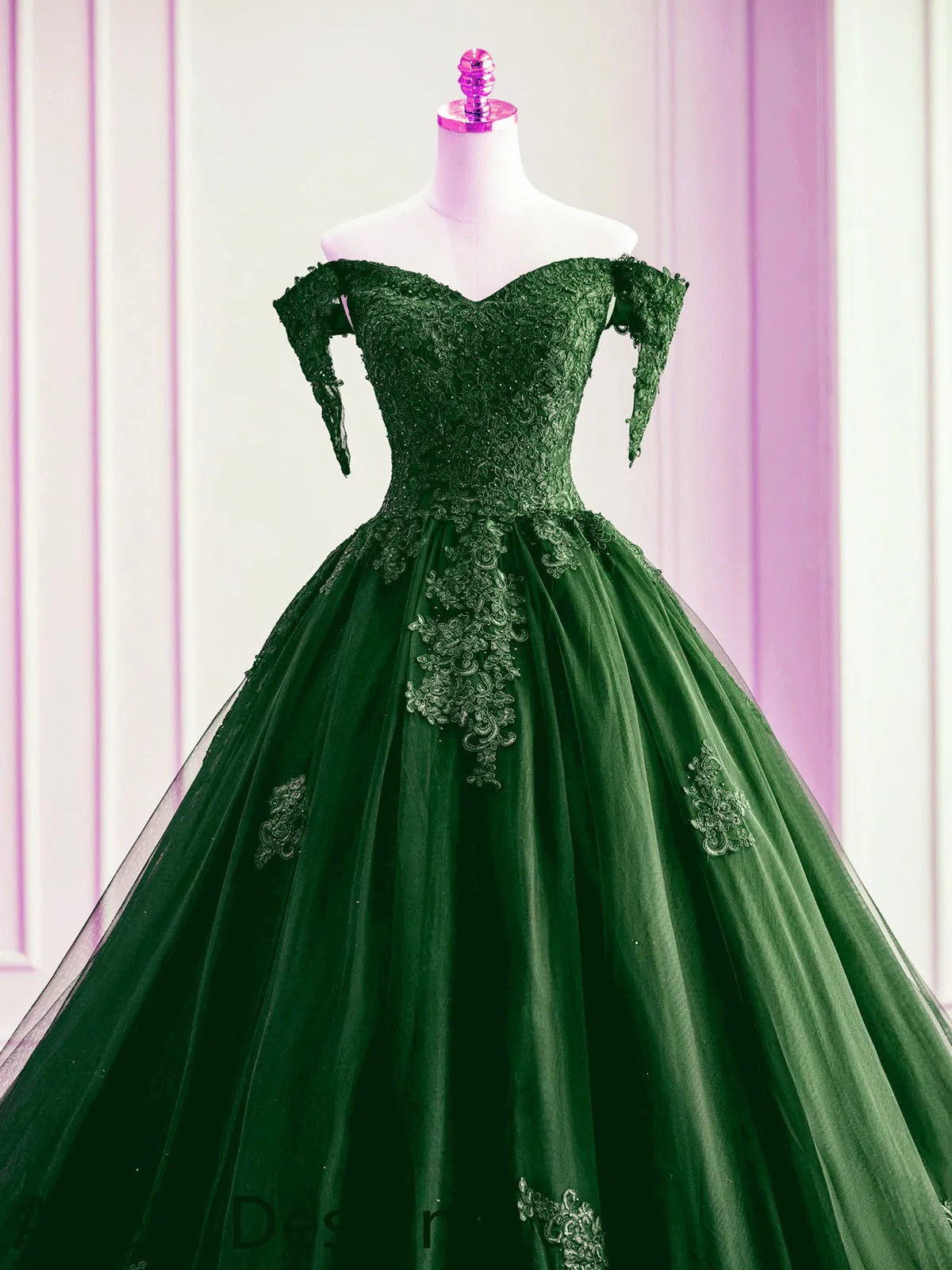 Dark Green Off Shoulder Tulle with Lace Sweet 16 Dress, Dark Green Formal Gowns