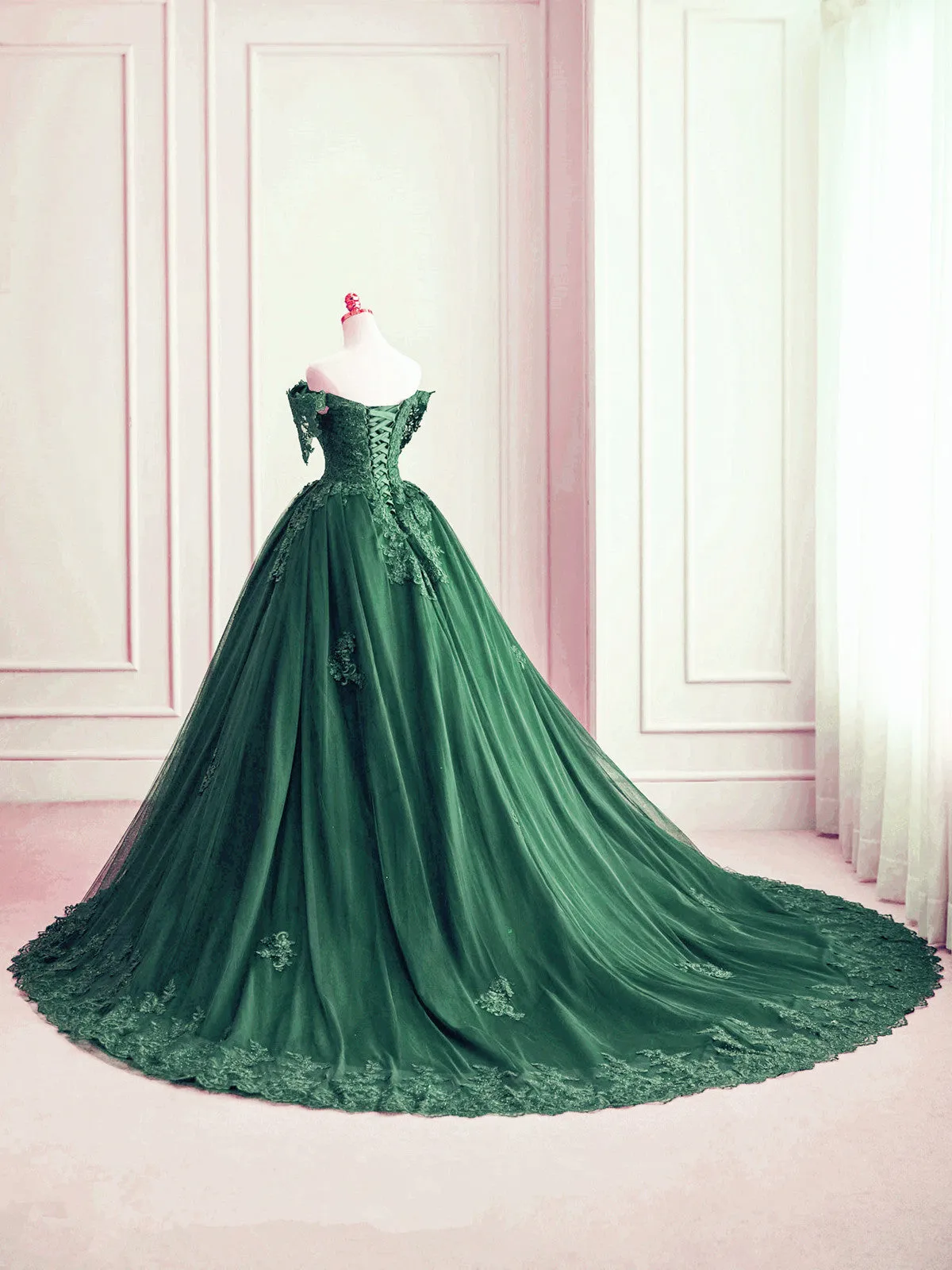 Dark Green Off Shoulder Tulle with Lace Sweet 16 Dress, Dark Green Formal Gowns