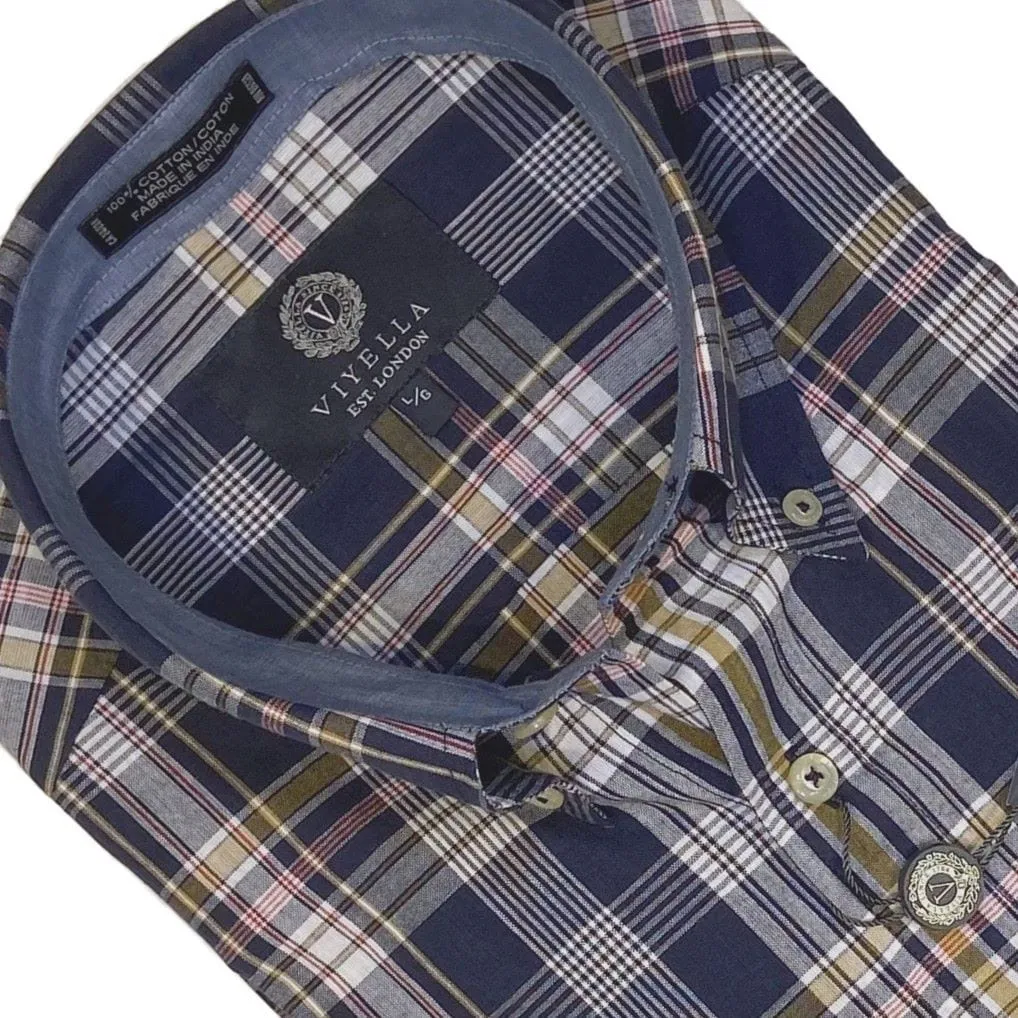 Dark Navy Madras Plaid Short Sleeve Sports Shirts for Men