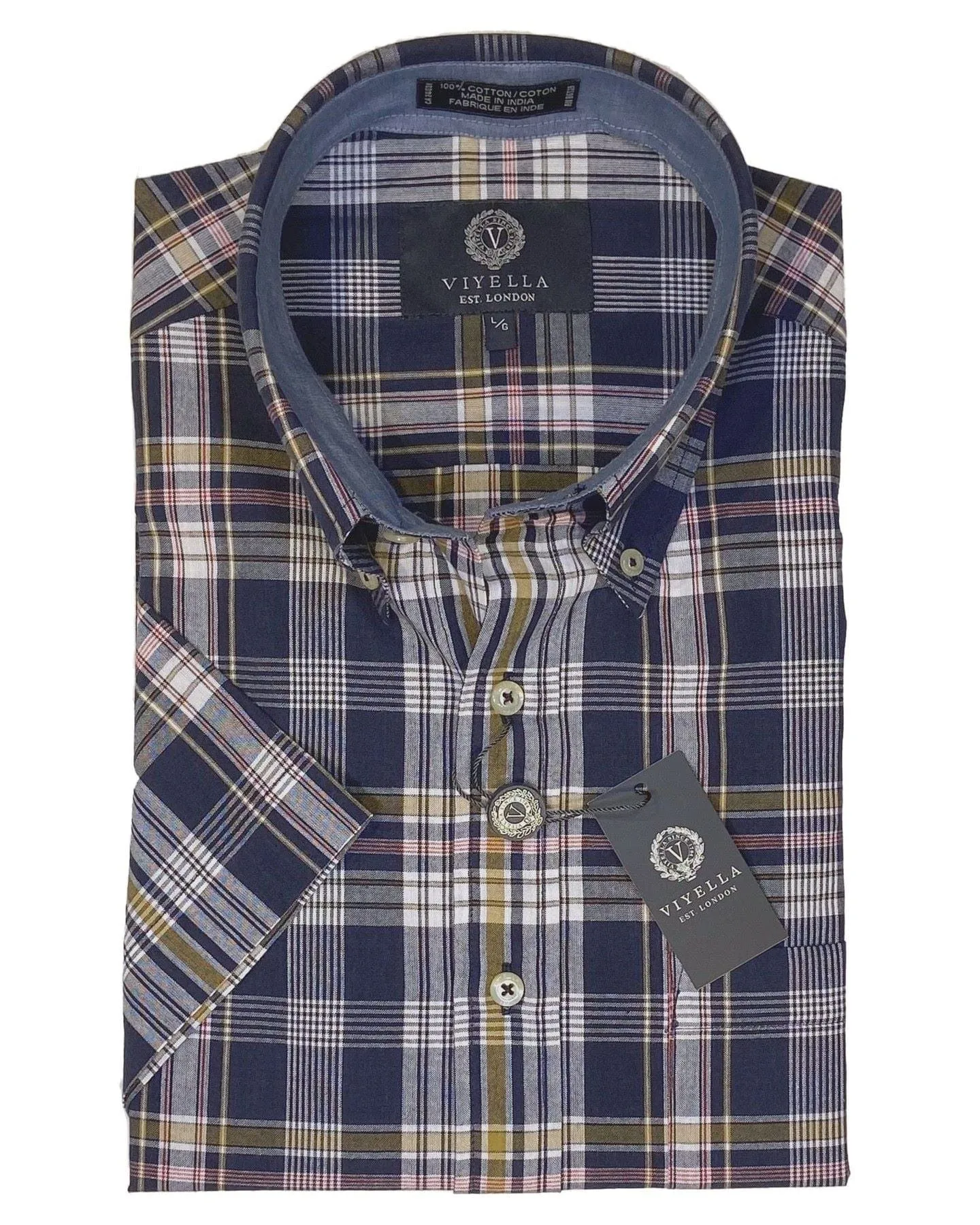 Dark Navy Madras Plaid Short Sleeve Sports Shirts for Men