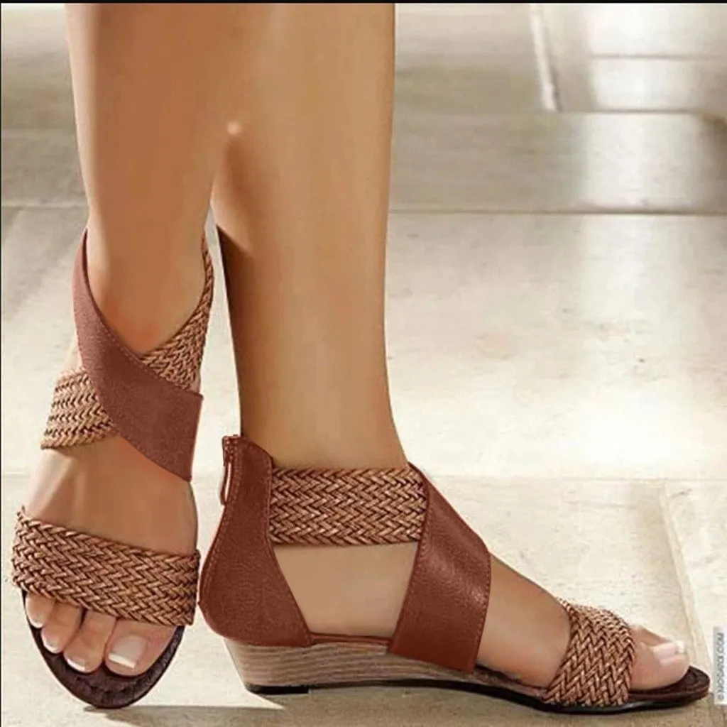 Fashion New Fish Mouth Leather Canvas Women Weave Wedge Heel Shoes Zipper Sandals Casual Beach Sandals Roman Shoes