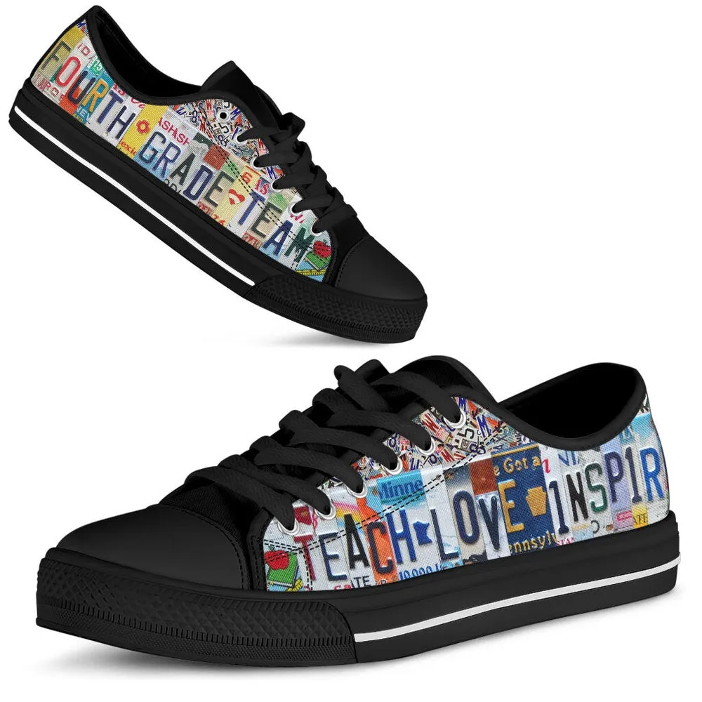 Fourth Grade Team License Plates Low Top Black Shoes, Teacher Shoes, Low Top Sneakers