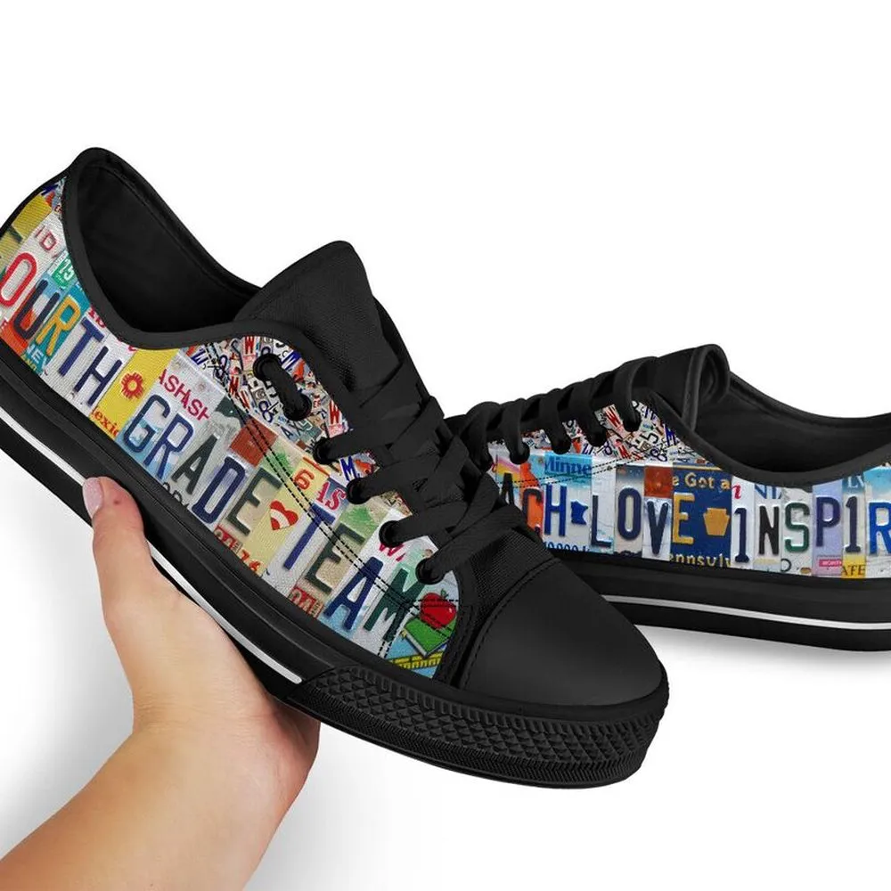 Fourth Grade Team License Plates Low Top Black Shoes, Teacher Shoes, Low Top Sneakers