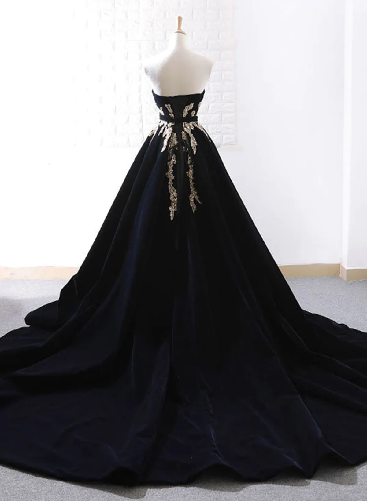 Glam Black Velvet Long Formal Gown with Gold Lace, Black Velvet Prom Dress Evening Dress