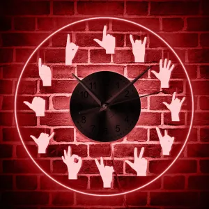 Hand Signs LED Neon Wall Clock Acrylic LED Edge Lit Hanging Wall Watch Hand Gestures Vintage Design Illuminated Wall Clock