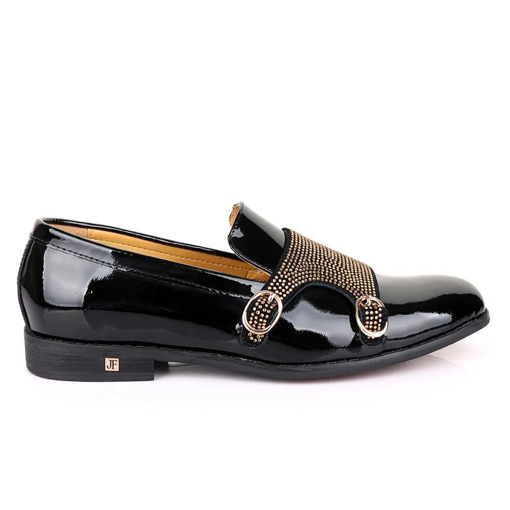 John Foster Wetlips Gold Monk Strap Black Shoe