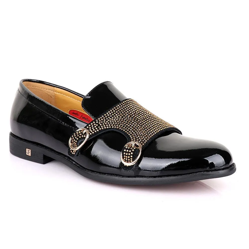 John Foster Wetlips Gold Monk Strap Black Shoe