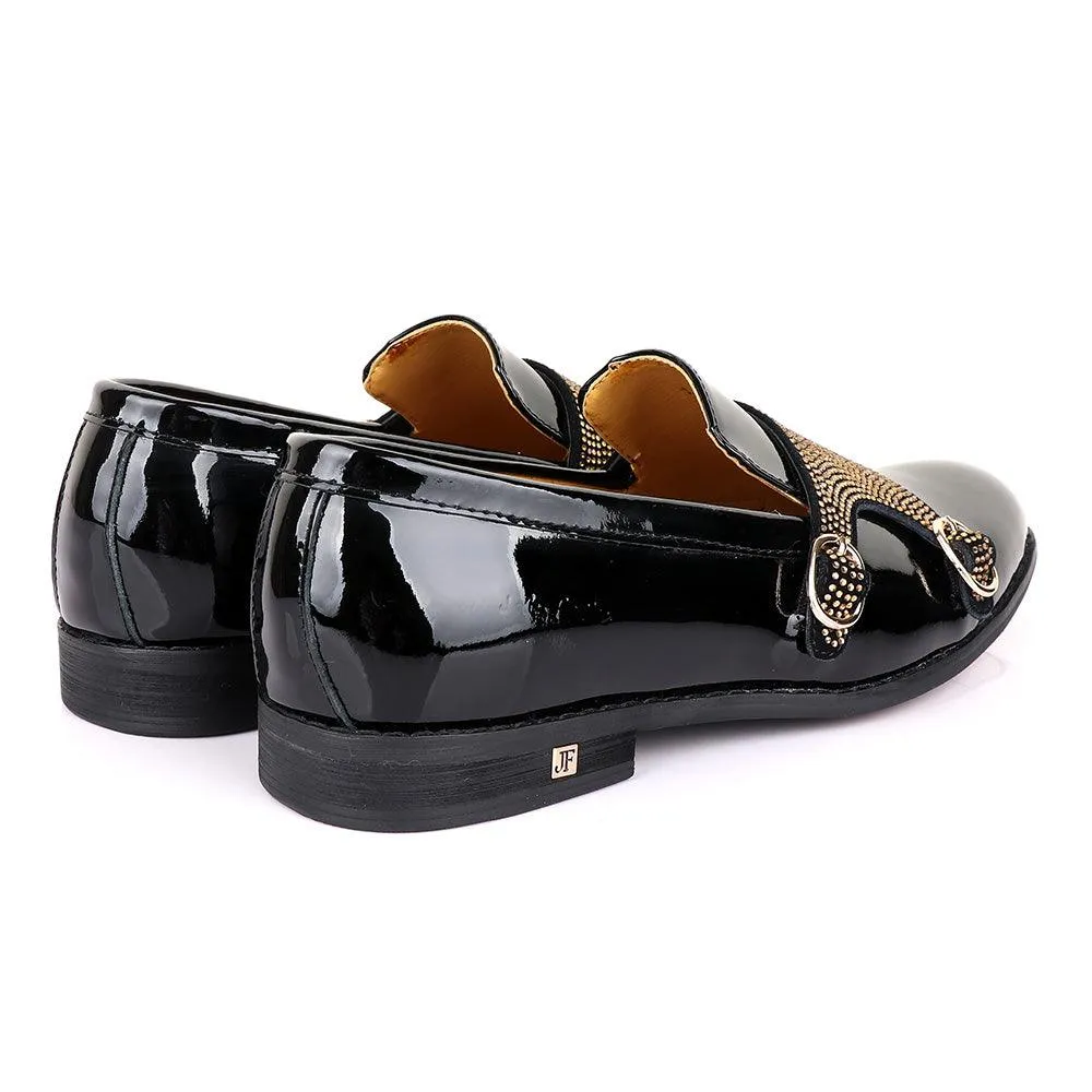 John Foster Wetlips Gold Monk Strap Black Shoe