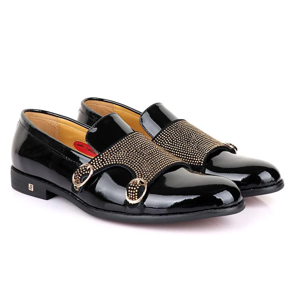 John Foster Wetlips Gold Monk Strap Black Shoe