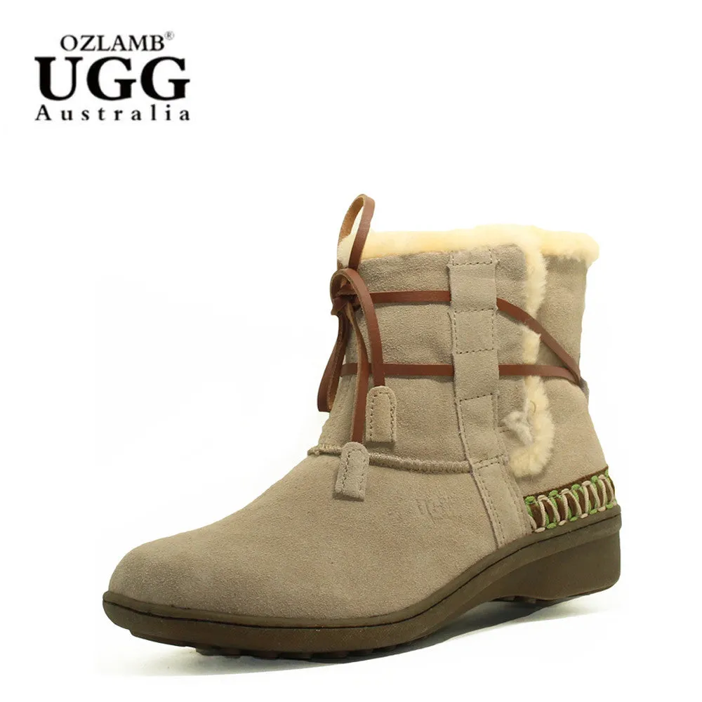 Lace Up Short Boots with Stitch - Sand