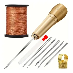 Leather Sewing Kit DIY Leather Sewing Awl Needle With Copper Handle Set Leather Canvas Tent Shoes Repairing Tool W/Nylon Thread