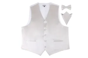 Mens Silver Plain Vest Waistcoat & Matching Bow Tie & Pocket Square