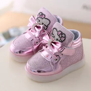 New Kitty Cat Diamond Princess Girls Sports Shoes Autumn-Winter Cartoon LED Sneakers Korean Children High Top Boots Kids Shoes