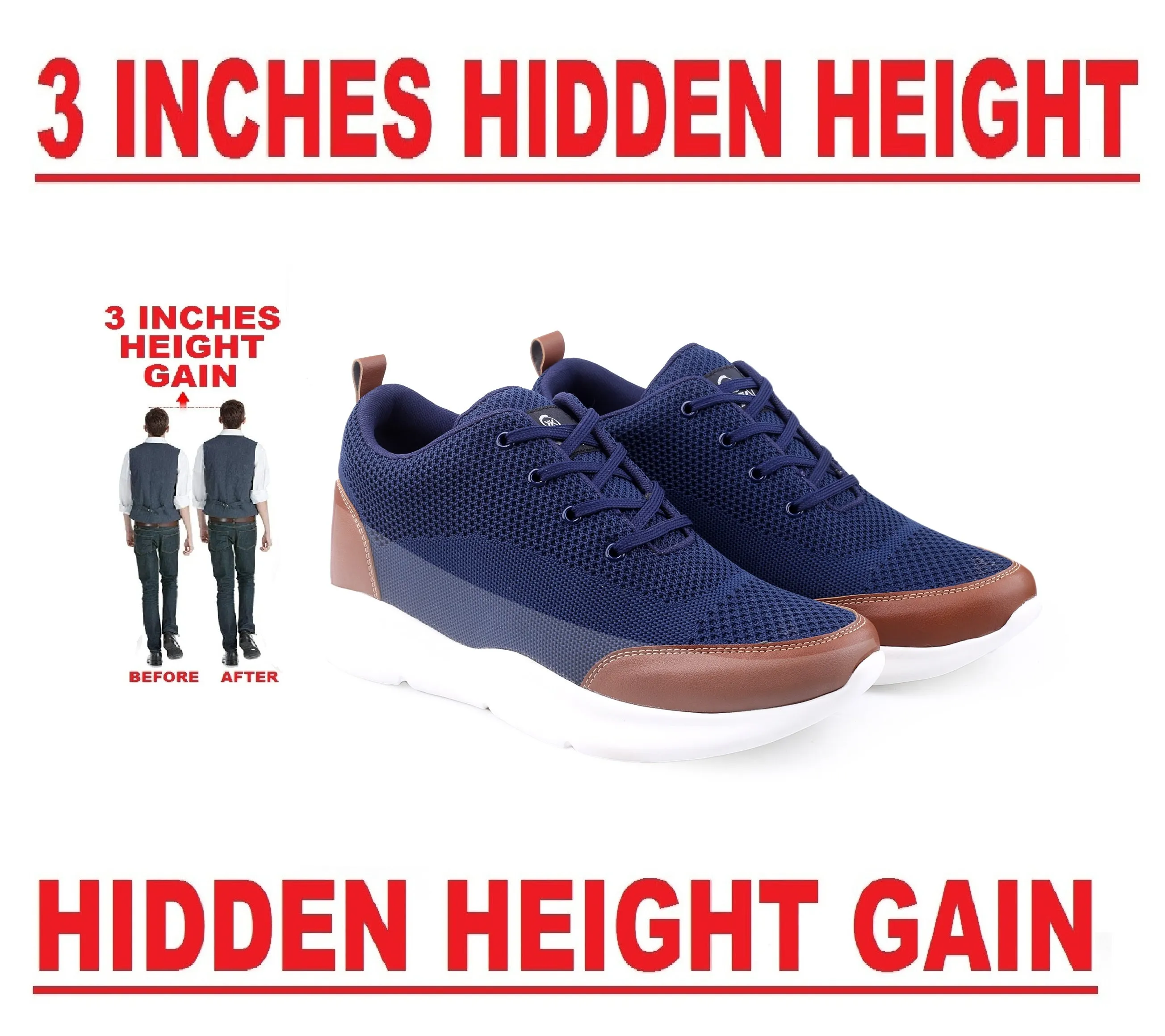 New Latest Men's 3 Inch Hidden Height Increasing Stylish Casual Sports Lace-Up Shoes