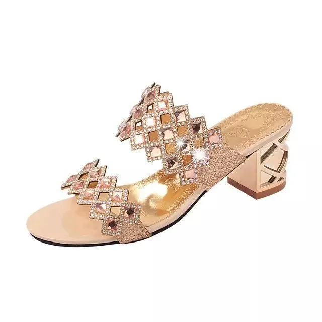 OCW Chunky Heel Sandals For Women Comfy Rhinestone Light Fashionable Footwear