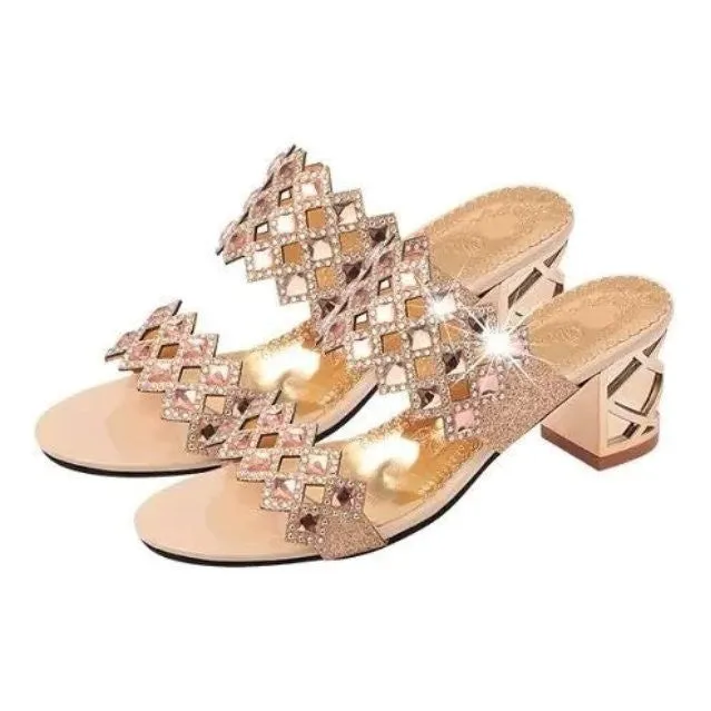 OCW Chunky Heel Sandals For Women Comfy Rhinestone Light Fashionable Footwear