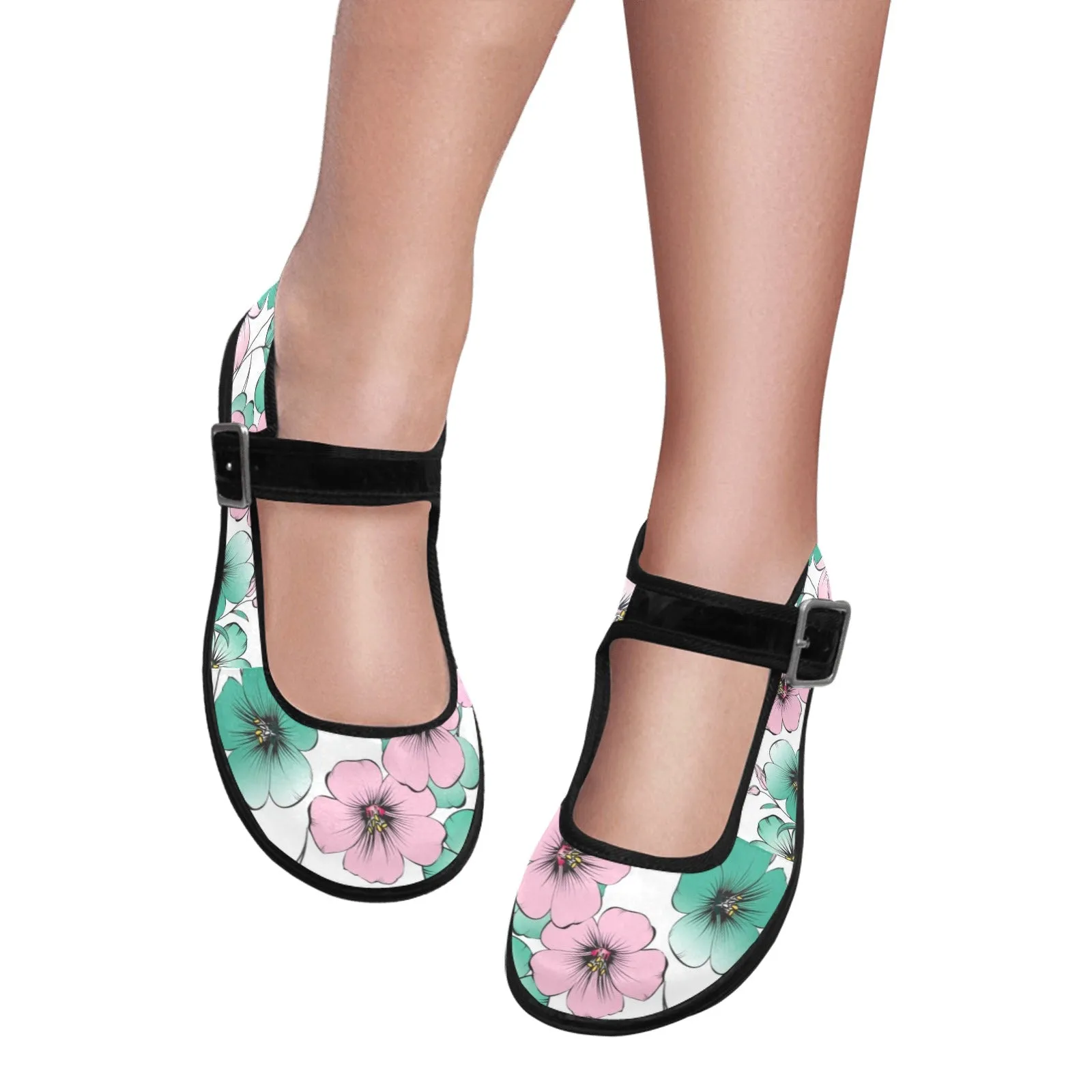 Pink & Green Floral shoes Mila Satin Women's Mary Jane Shoes (Model 4808)