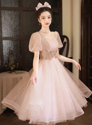 Pink Tea Length Tulle Short Sleeves Party Dress, Pink Tulle Homecoming Dress Formal Dress