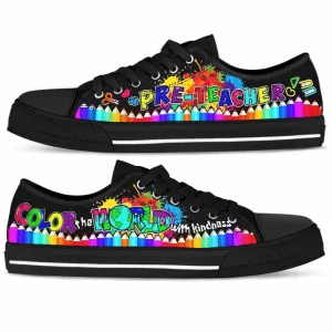 Pre-K Teacher Color The World With Kindness Low Top Shoes, Teacher Shoes, Low Top Sneakers