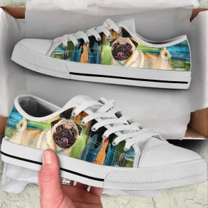 Pug Dog Paint Art Wallpaper Low Top Shoes Canvas Sneakers, Dog Printed Shoes, Canvas Shoes For Men, Women