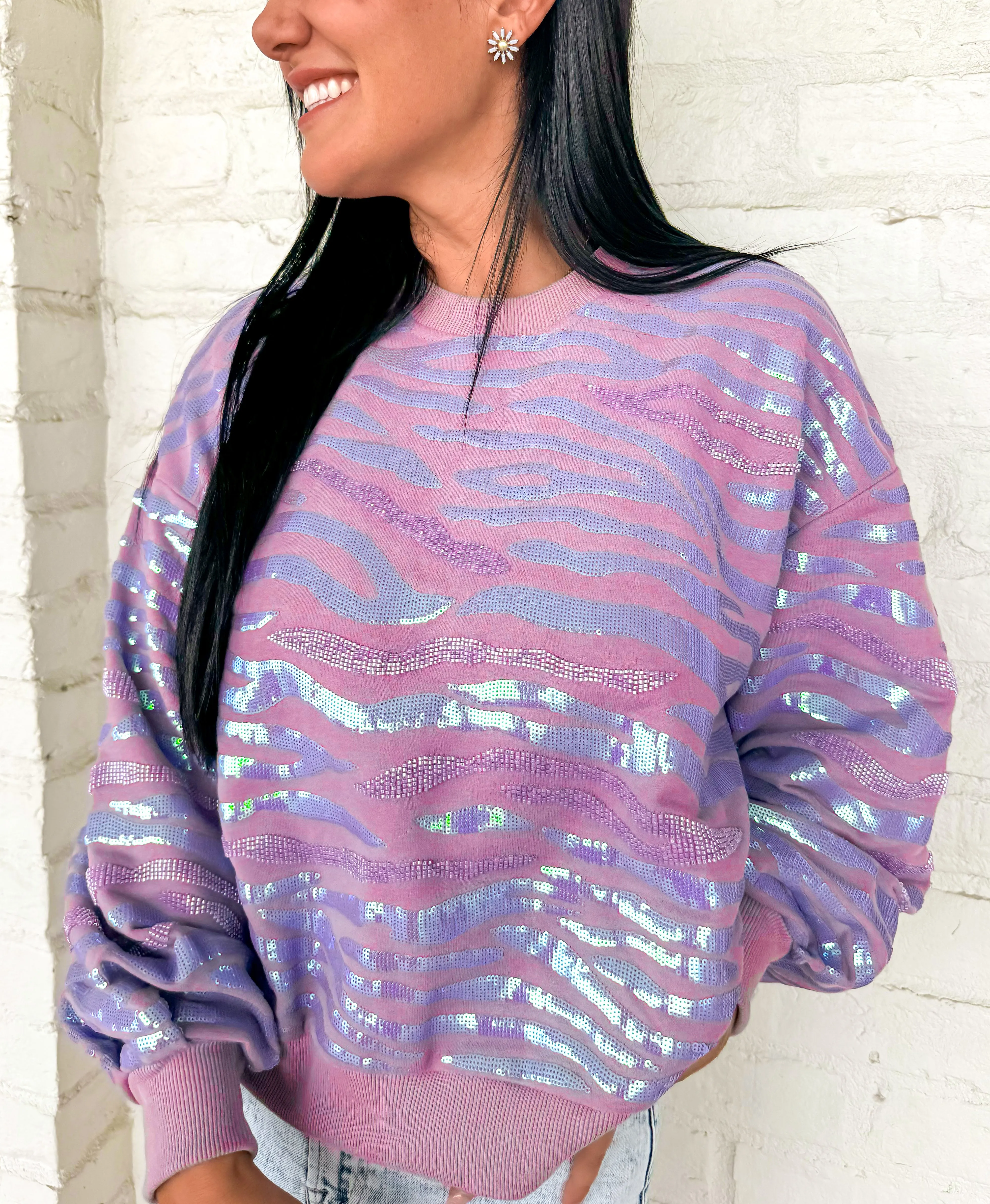 Queen Of Sparkles Lavender Seed Bead & Sequin Tiger Sweatshirt