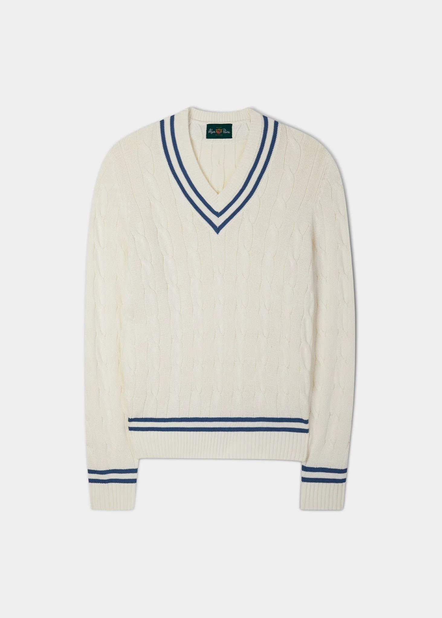 Sandridge Cable Knit Cricket Jumper In Ecru & Airforce