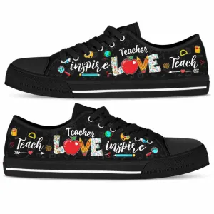 School Teacher Apple Teach Love Inspire Low Top Shoes, Teacher Shoes, Low Top Sneakers