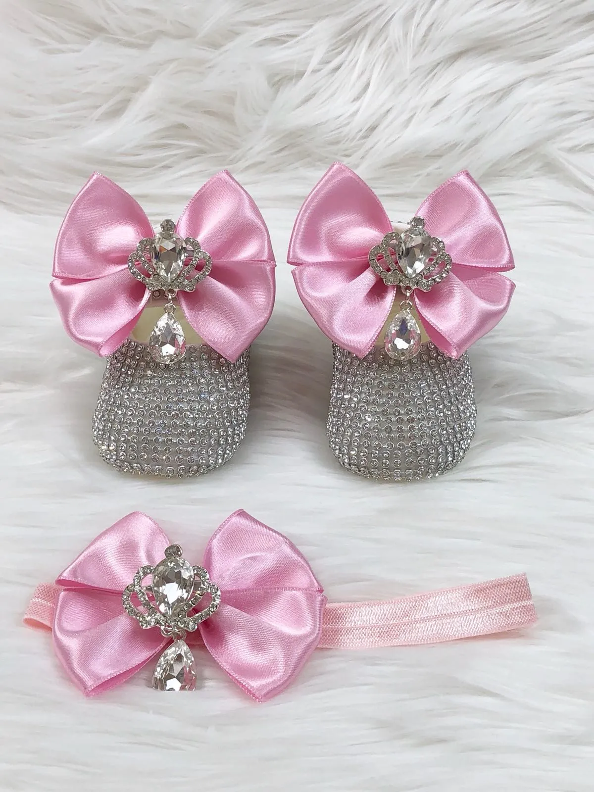 Silver & Pink Jeweled Ada Shoes & Headband