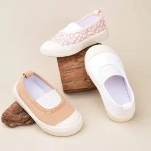 Spring Little Girls Lovely Pink Flower Printed Flat Canvas Shoes Kids Slip-on White Blank Daily  Casual Walking Shoes EK9S43