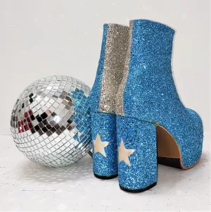 STARDUST "Harlequin" Platform Ankle Boots in Blue & Champagne Glitter