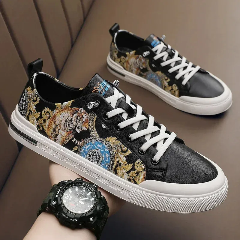 Tiger Print Flat Leather Sneakers