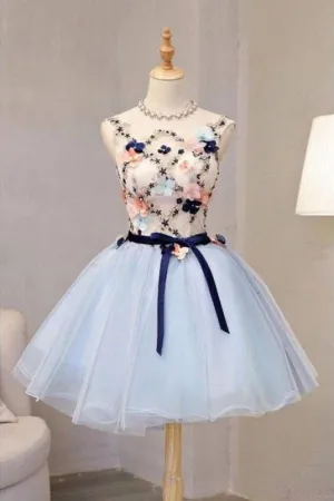 Vintage Light Blue Flower Short Princess Homecoming Dress Party Dresses, Mini Dress UQ2178