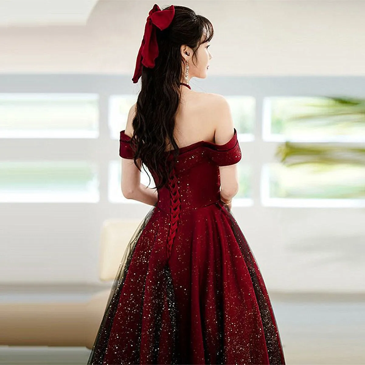 Wine Red and Black Unique Long Formal Dress, Wine Red and Black Evening Dress