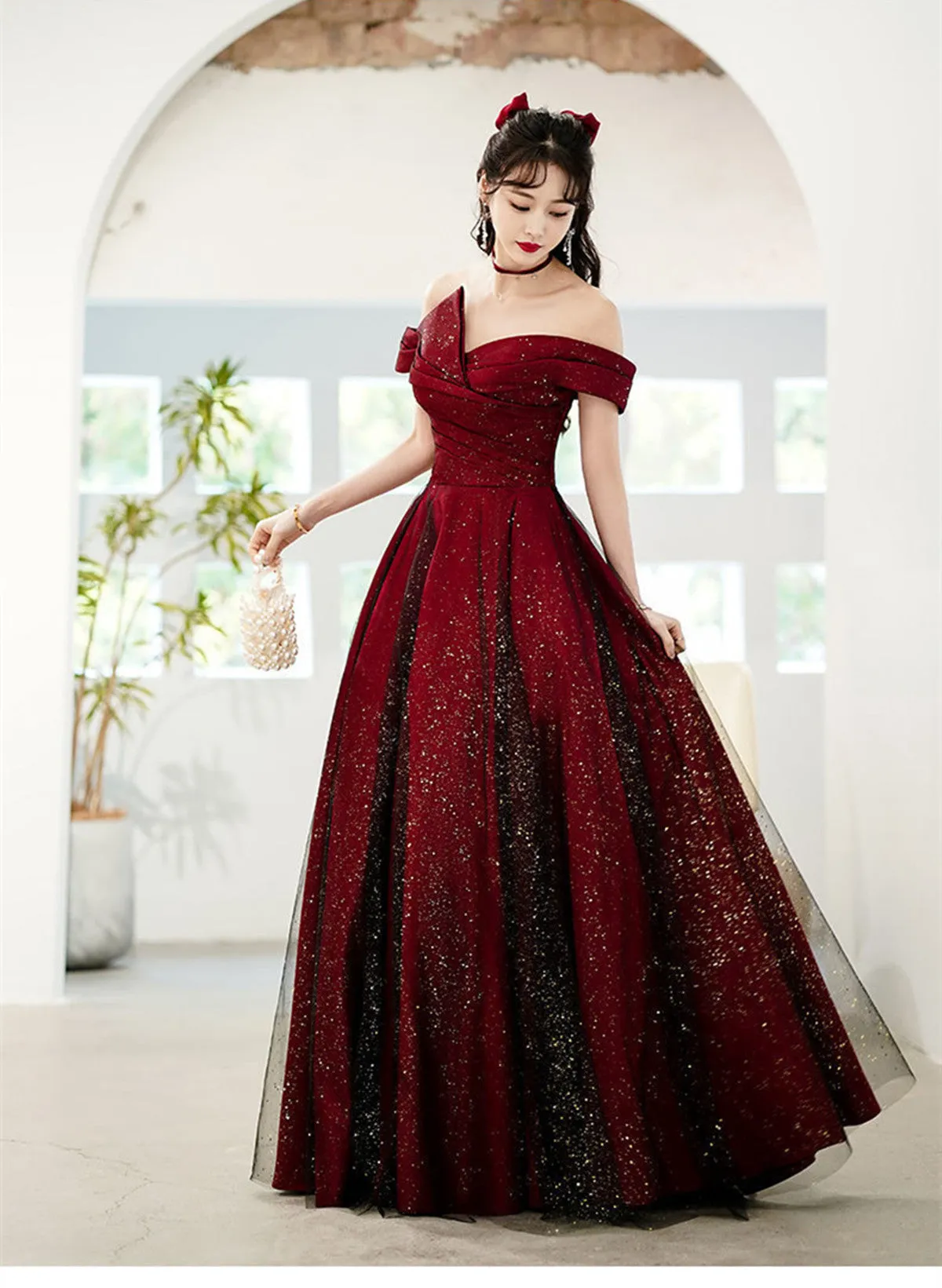 Wine Red and Black Unique Long Formal Dress, Wine Red and Black Evening Dress