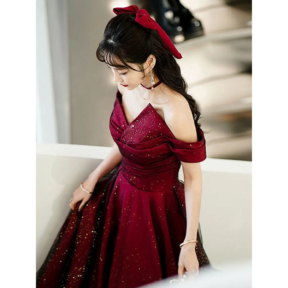 Wine Red and Black Unique Long Formal Dress, Wine Red and Black Evening Dress