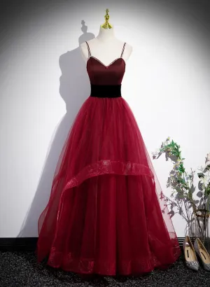 Wine Red Straps Beaded Sweetheart Tulle Formal Dress, Wine Red A-line Prom Dress