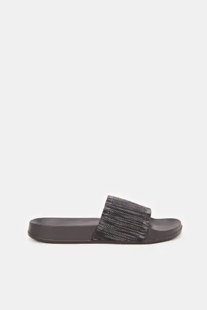 Women Black Textured Knit Upper Slide